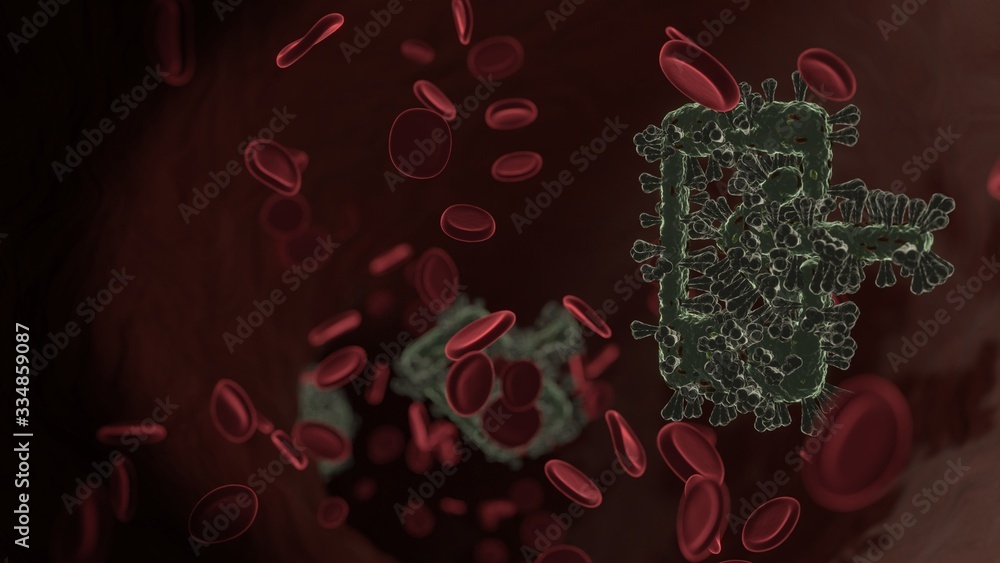 Poster microscopic 3d rendering view of virus shaped as symbol of smartphone inside vein with red blood cel