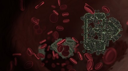 microscopic 3D rendering view of virus shaped as symbol of smartphone  inside vein with red blood cells