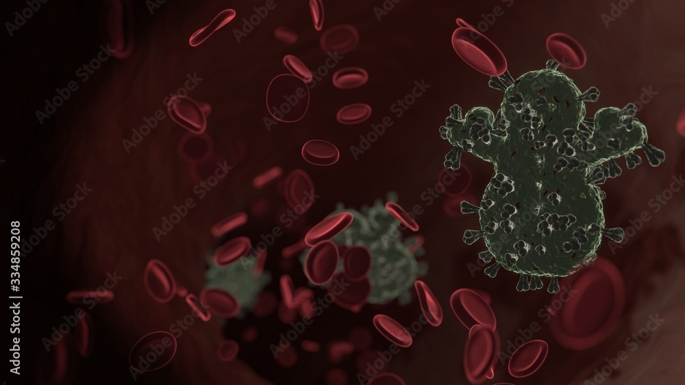 Poster microscopic 3d rendering view of virus shaped as symbol of snowman inside vein with red blood cells