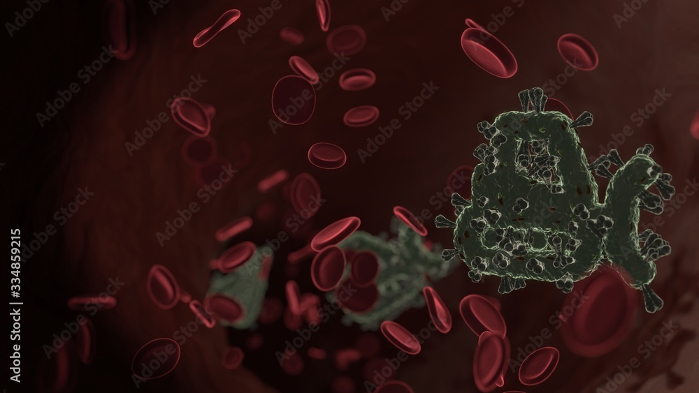 Poster microscopic 3d rendering view of virus shaped as symbol of snowplow inside vein with red blood cells