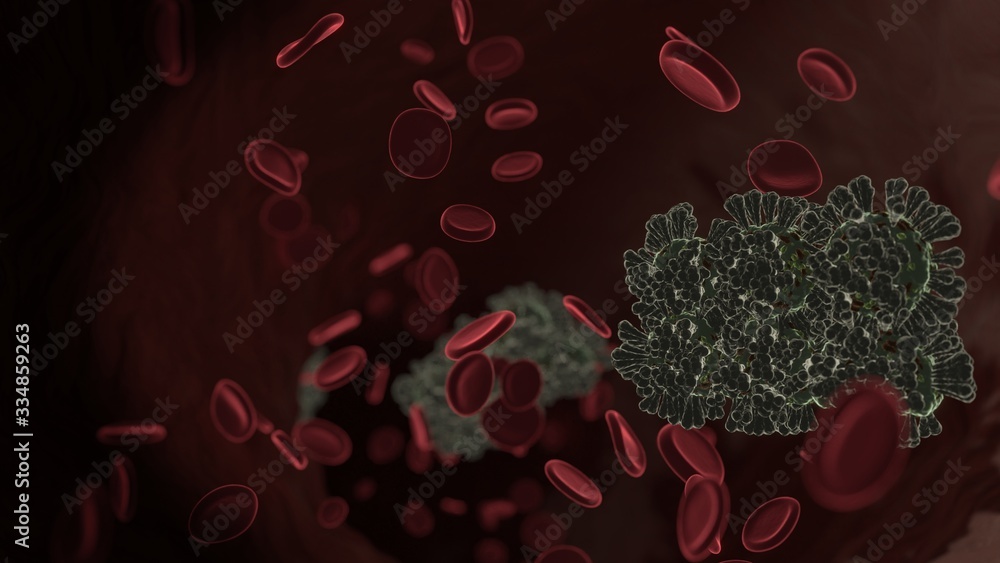 Poster microscopic 3d rendering view of virus shaped as symbol of social myspace inside vein with red blood