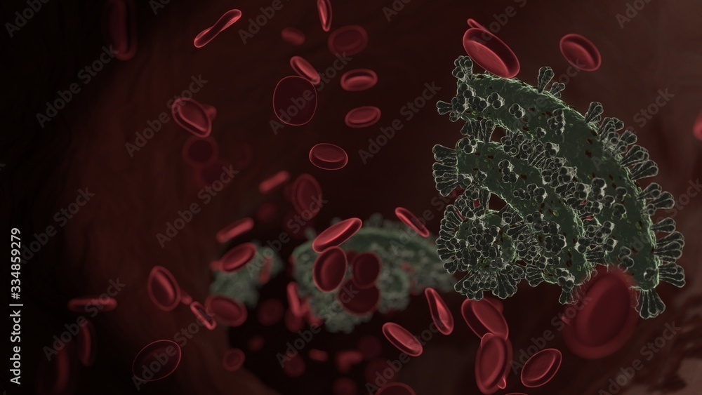 Poster microscopic 3d rendering view of virus shaped as symbol of social rss inside vein with red blood cel