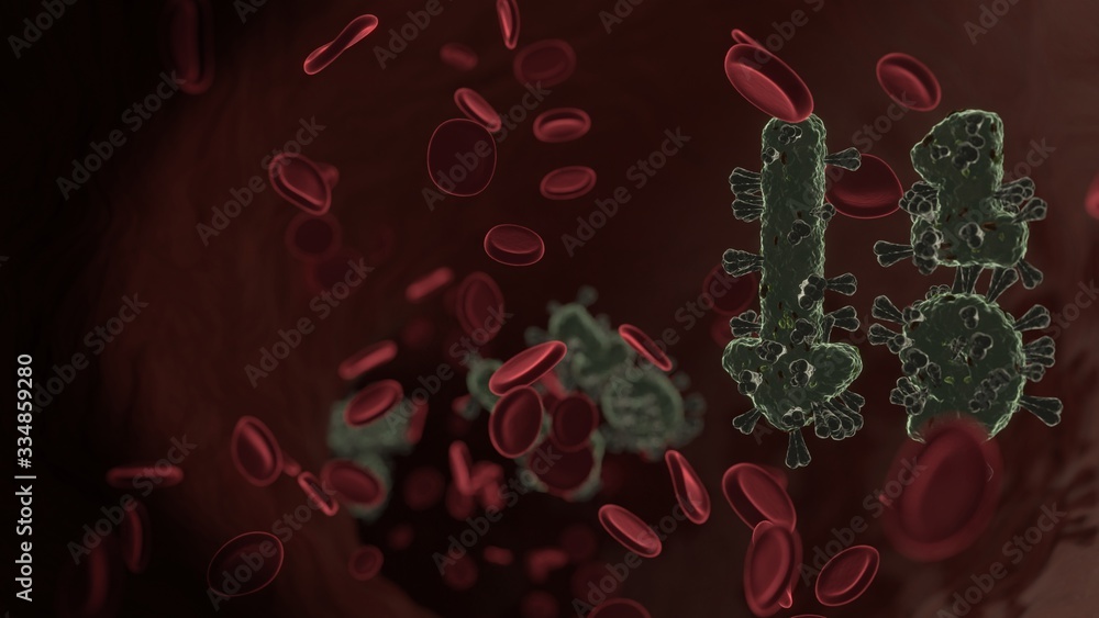 Poster microscopic 3d rendering view of virus shaped as symbol of sort numeric down inside vein with red bl