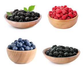 Set of bowls with different fresh berries on white background