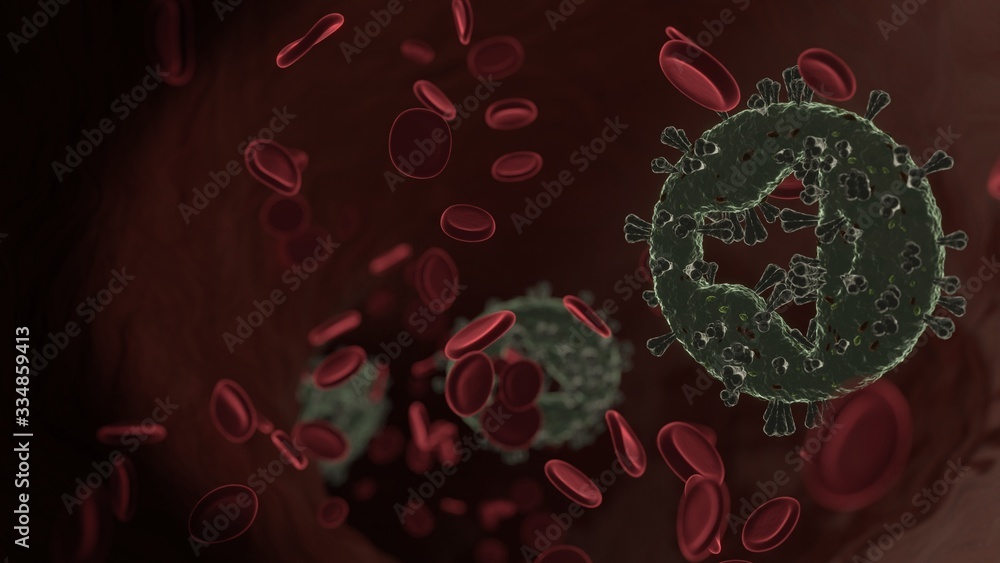 Poster microscopic 3d rendering view of virus shaped as symbol of speaker inside vein with red blood cells