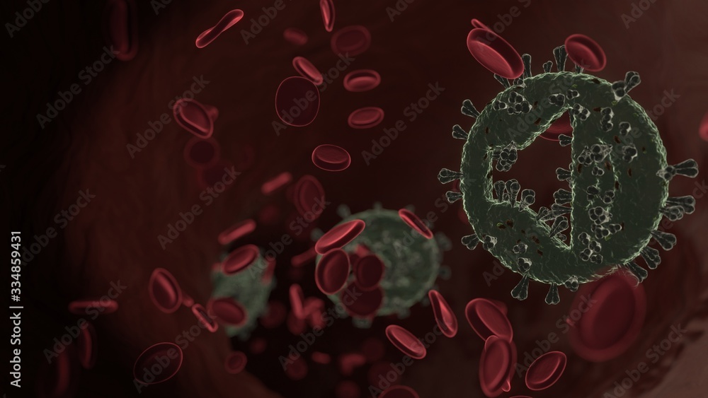 Poster microscopic 3d rendering view of virus shaped as symbol of speaker inside vein with red blood cells