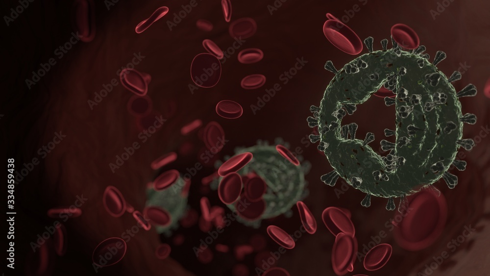 Poster microscopic 3d rendering view of virus shaped as symbol of speaker inside vein with red blood cells