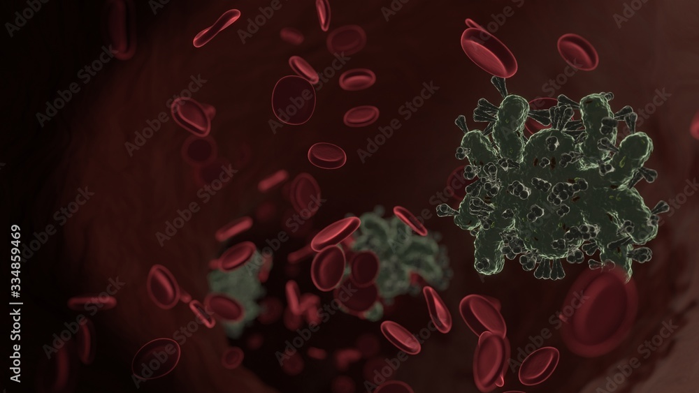 Poster microscopic 3d rendering view of virus shaped as symbol of spider inside vein with red blood cells