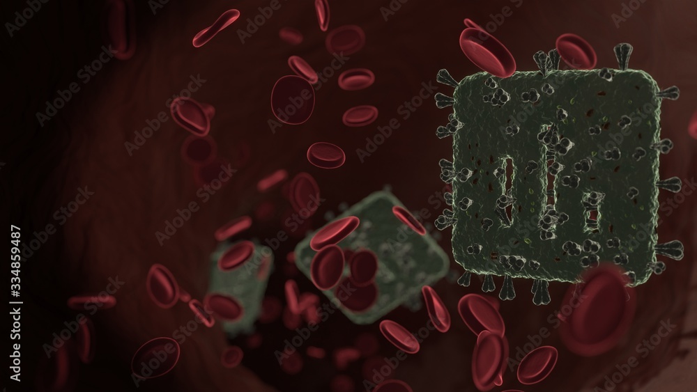 Poster microscopic 3d rendering view of virus shaped as symbol of square inside vein with red blood cells