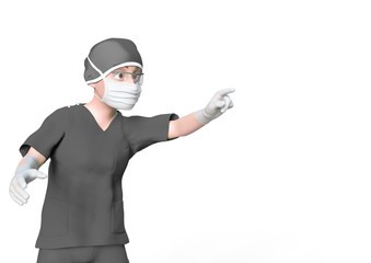 doctor cartoon is pointing in white background with copy space