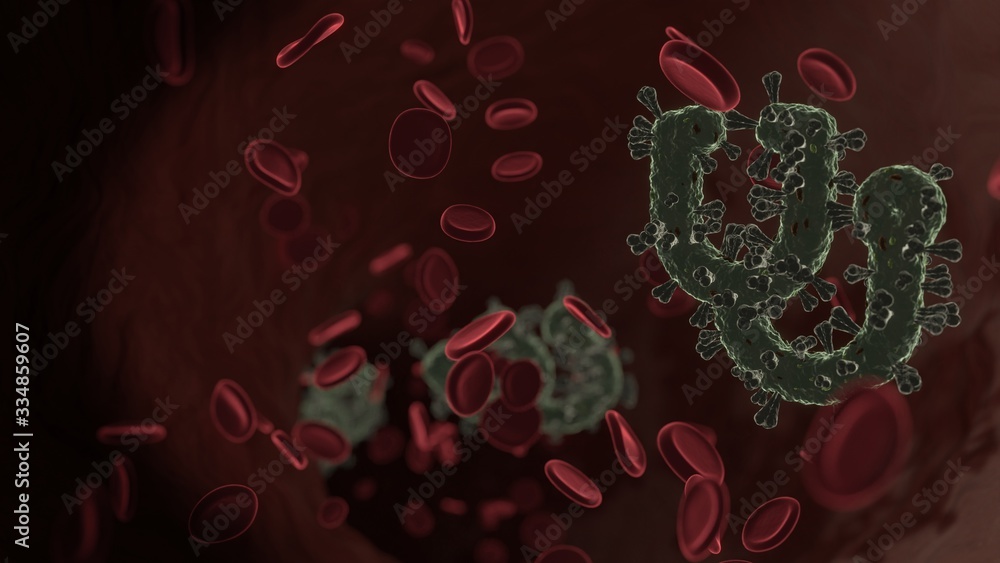Poster microscopic 3d rendering view of virus shaped as symbol of stethoscope inside vein with red blood ce