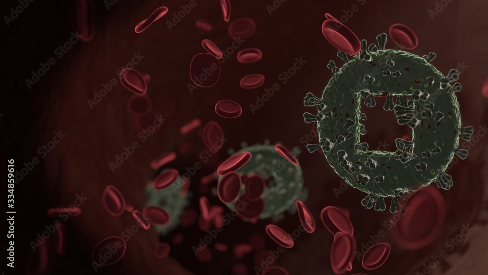 Poster microscopic 3d rendering view of virus shaped as symbol of stop inside vein with red blood cells
