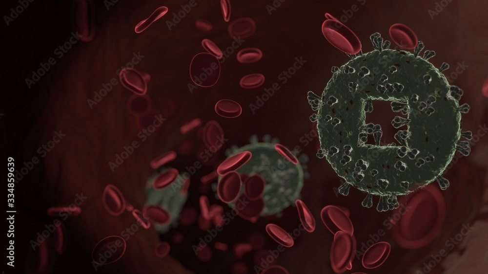 Poster microscopic 3d rendering view of virus shaped as symbol of stop circle inside vein with red blood ce