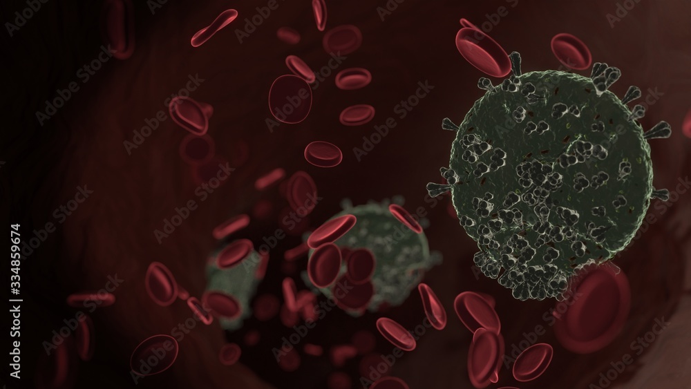 Poster microscopic 3d rendering view of virus shaped as symbol of stopwatch inside vein with red blood cell
