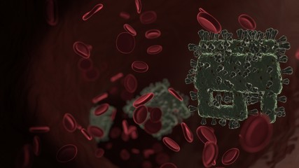 microscopic 3D rendering view of virus shaped as symbol of store inside vein with red blood cells
