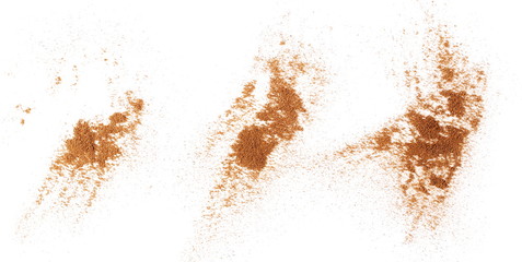 Fototapeta na wymiar Set pile cinnamon powder isolated on white background, with top view