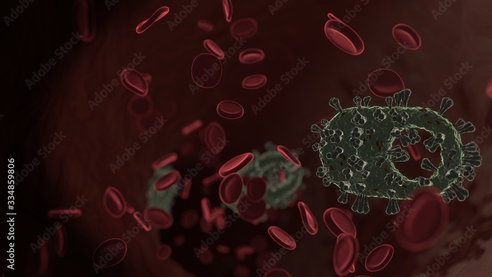 Poster microscopic 3d rendering view of virus shaped as symbol of switch inside vein with red blood cells