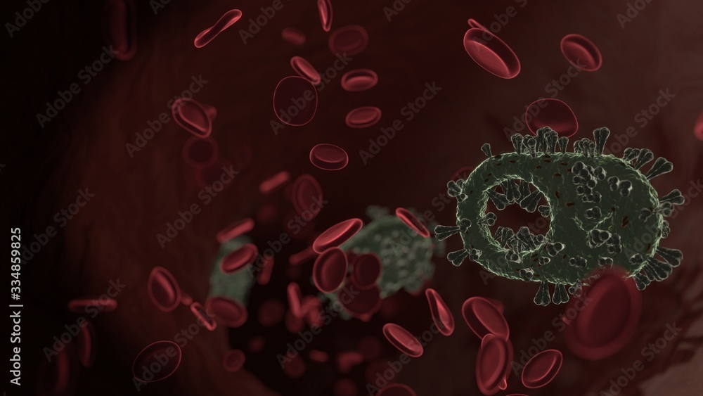 Poster microscopic 3d rendering view of virus shaped as symbol of switch inside vein with red blood cells