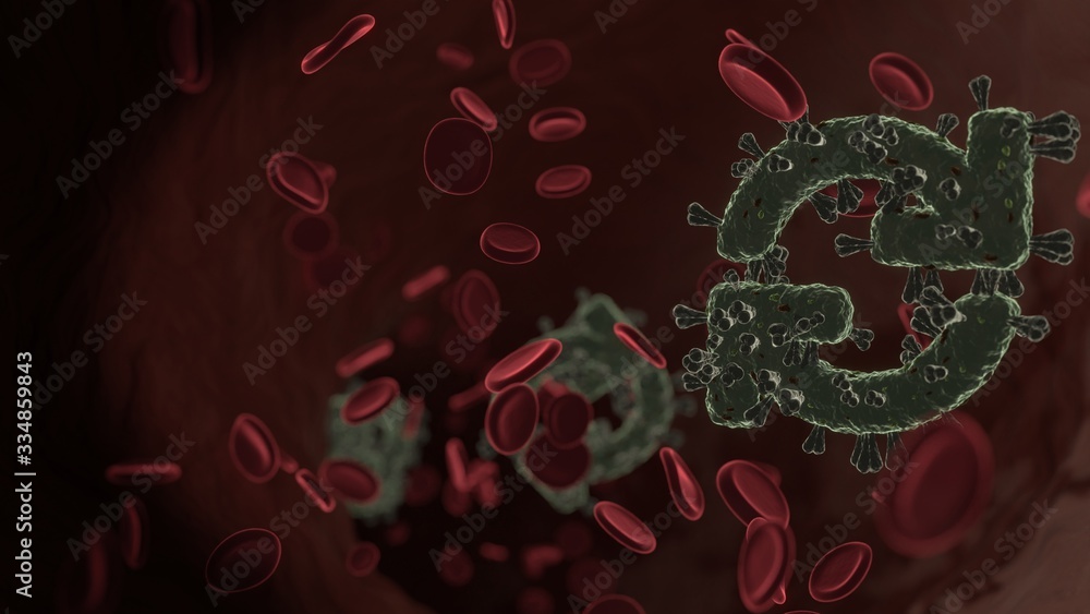 Poster microscopic 3d rendering view of virus shaped as symbol of sync inside vein with red blood cells