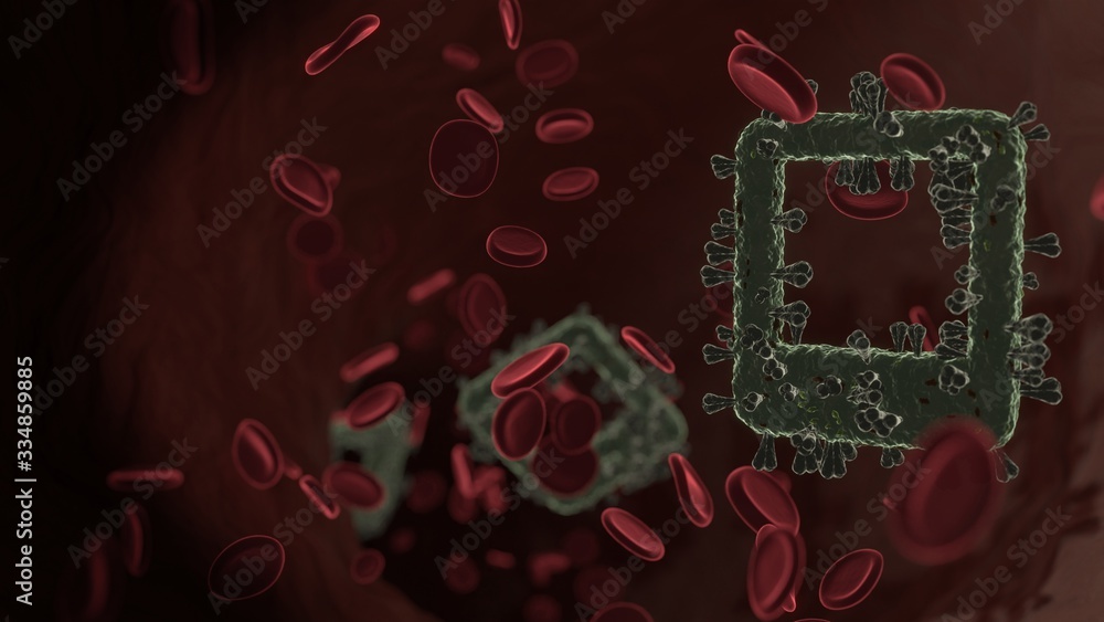Poster microscopic 3d rendering view of virus shaped as symbol of tablet alt inside vein with red blood cel