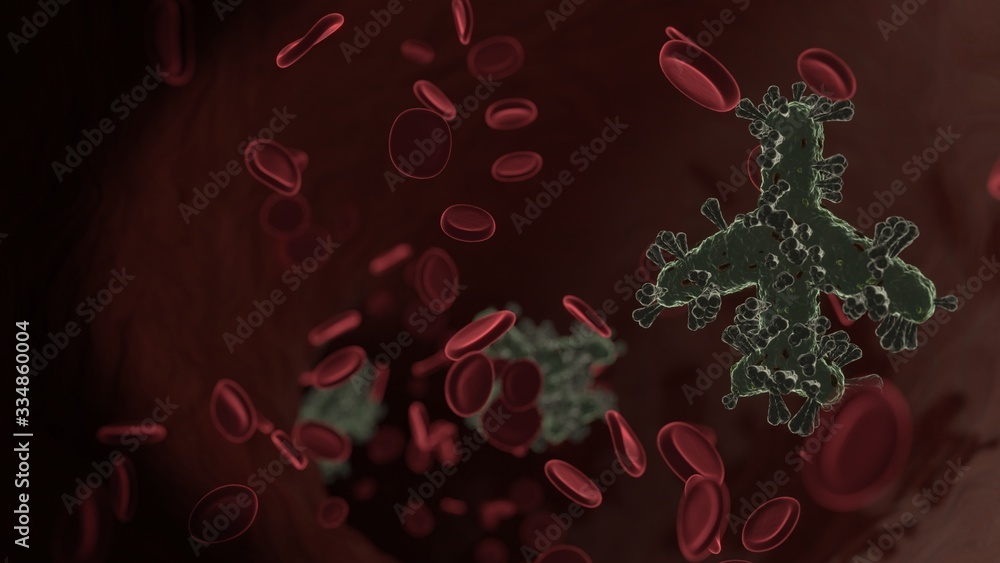Poster microscopic 3d rendering view of virus shaped as symbol of technology inside vein with red blood cel