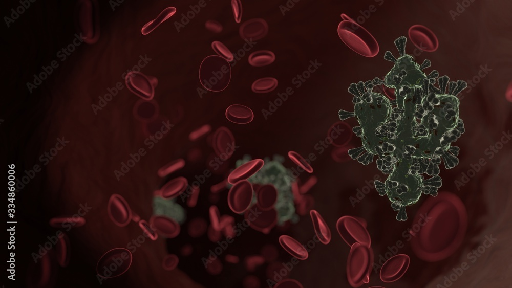 Poster microscopic 3d rendering view of virus shaped as symbol of technology inside vein with red blood cel