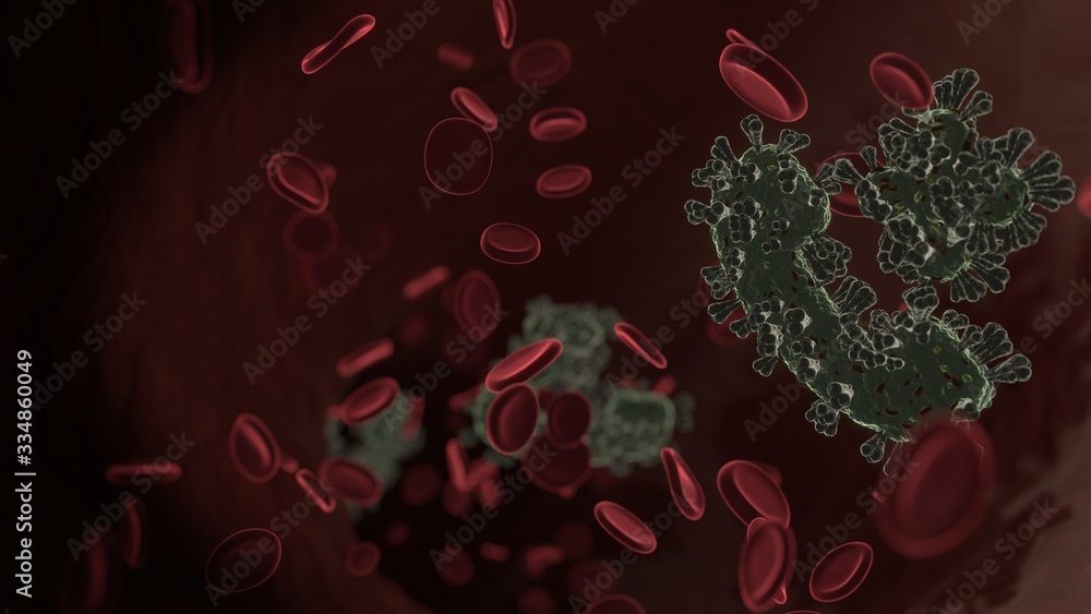 Poster microscopic 3d rendering view of virus shaped as symbol of technology inside vein with red blood cel