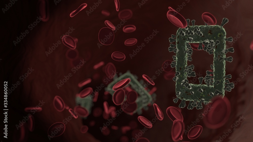 Poster microscopic 3d rendering view of virus shaped as symbol of technology inside vein with red blood cel