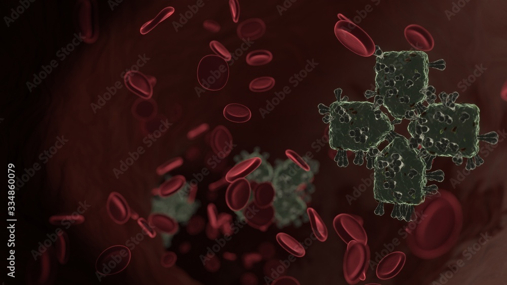 Aufkleber microscopic 3d rendering view of virus shaped as symbol of technology inside vein with red blood cel