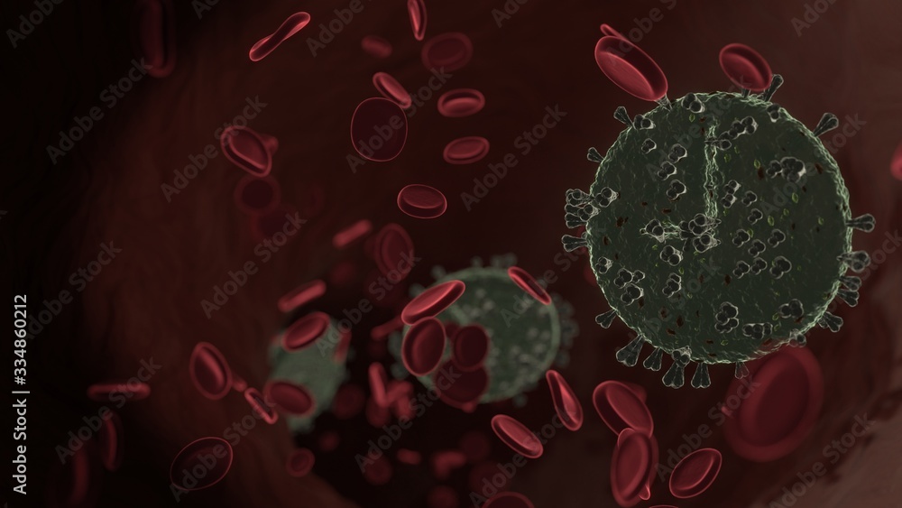 Poster microscopic 3d rendering view of virus shaped as symbol of time inside vein with red blood cells