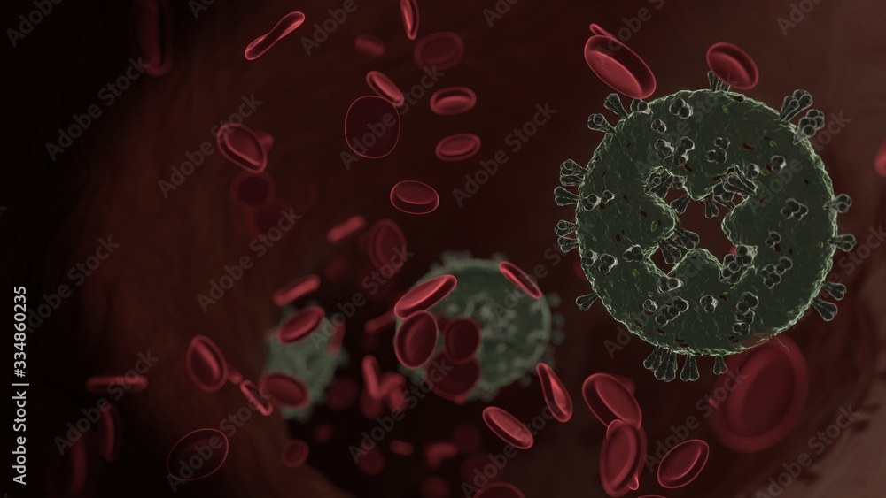 Poster microscopic 3d rendering view of virus shaped as symbol of times circle inside vein with red blood c