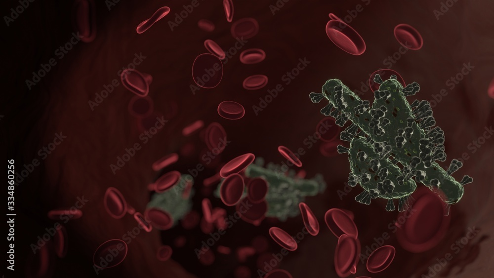 Poster microscopic 3d rendering view of virus shaped as symbol of tint slash inside vein with red blood cel
