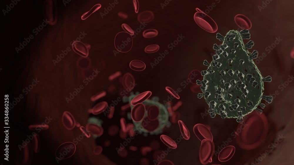 Poster microscopic 3d rendering view of virus shaped as symbol of tint inside vein with red blood cells