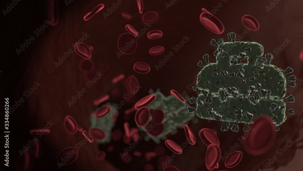 Poster microscopic 3d rendering view of virus shaped as symbol of toolbox inside vein with red blood cells