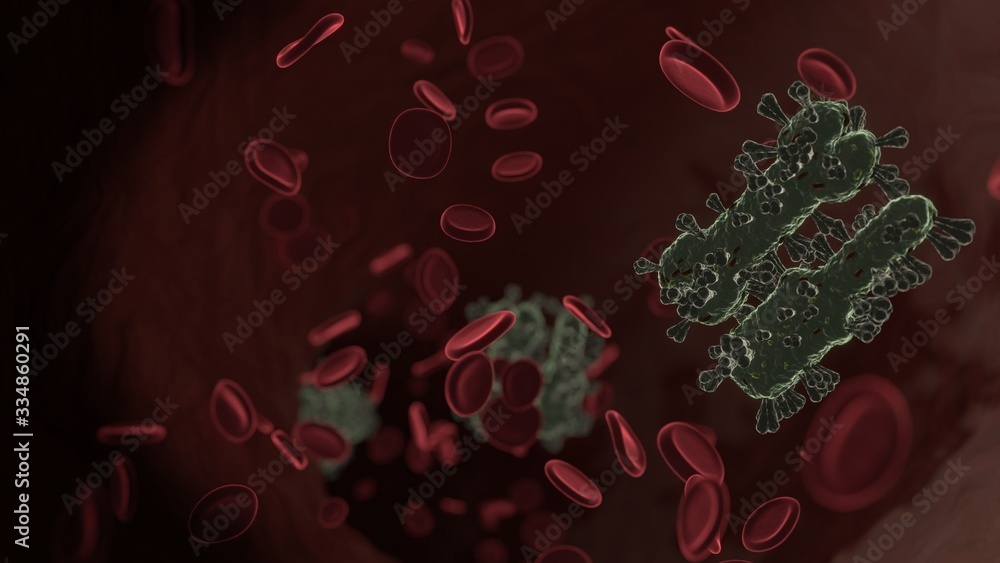 Poster microscopic 3d rendering view of virus shaped as symbol of tools inside vein with red blood cells