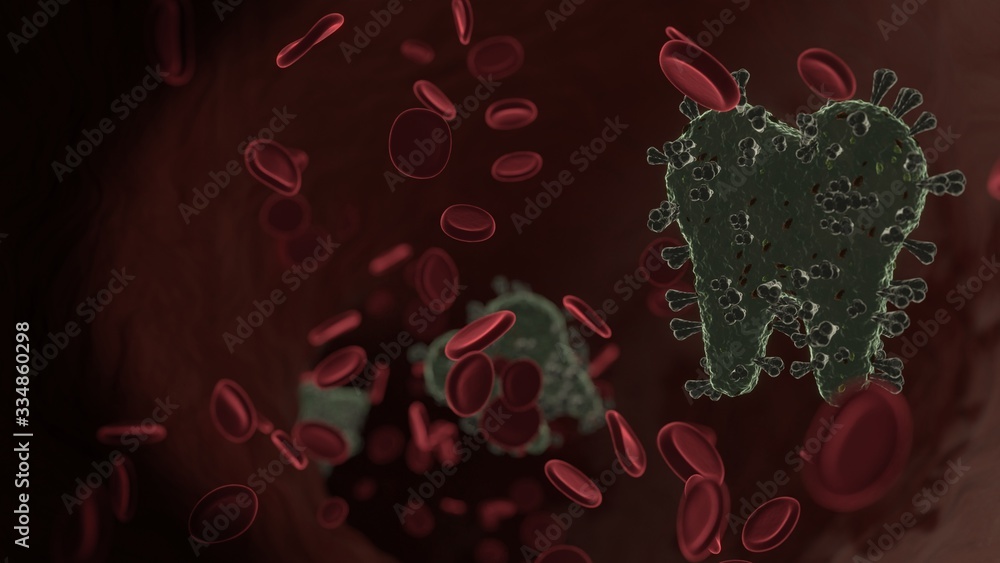Poster microscopic 3d rendering view of virus shaped as symbol of tooth inside vein with red blood cells