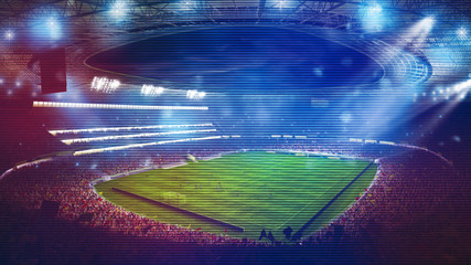 Background of a soccer stadium with light effects full of fans during a night game. 3D rendering © alphaspirit