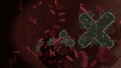 microscopic 3D rendering view of virus shaped as symbol of times inside vein with red blood cells