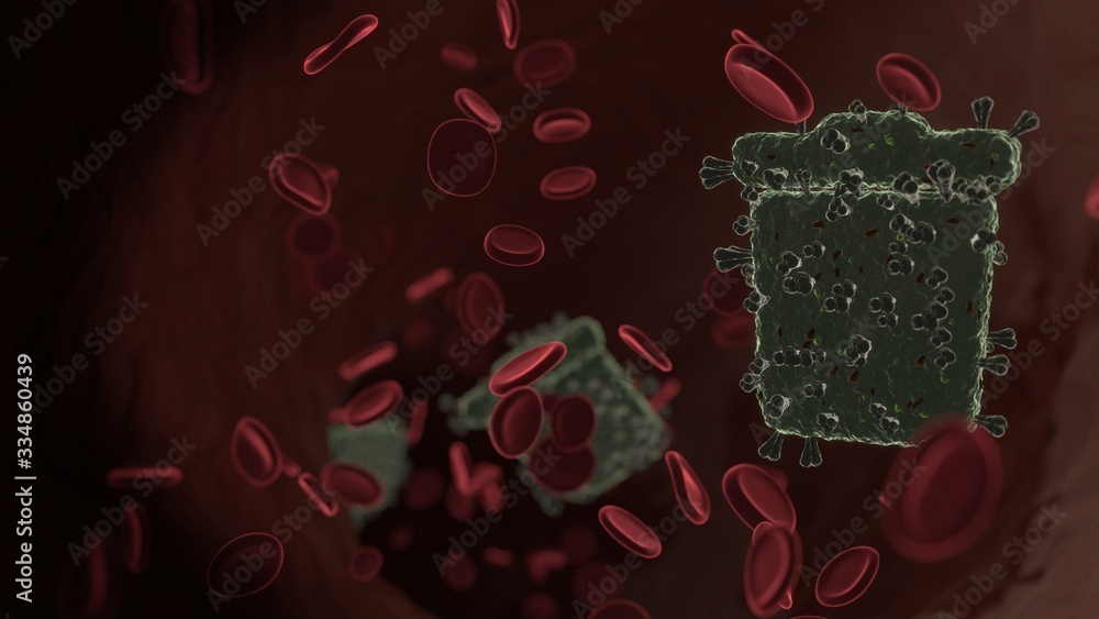 Poster microscopic 3d rendering view of virus shaped as symbol of trash inside vein with red blood cells