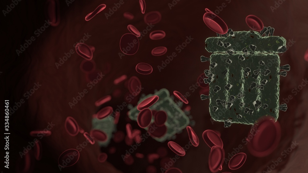 Poster microscopic 3d rendering view of virus shaped as symbol of trash alt inside vein with red blood cell