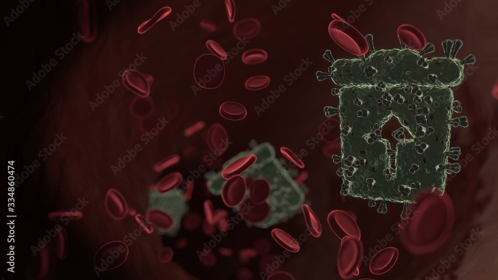 Poster microscopic 3d rendering view of virus shaped as symbol of trash restore inside vein with red blood 