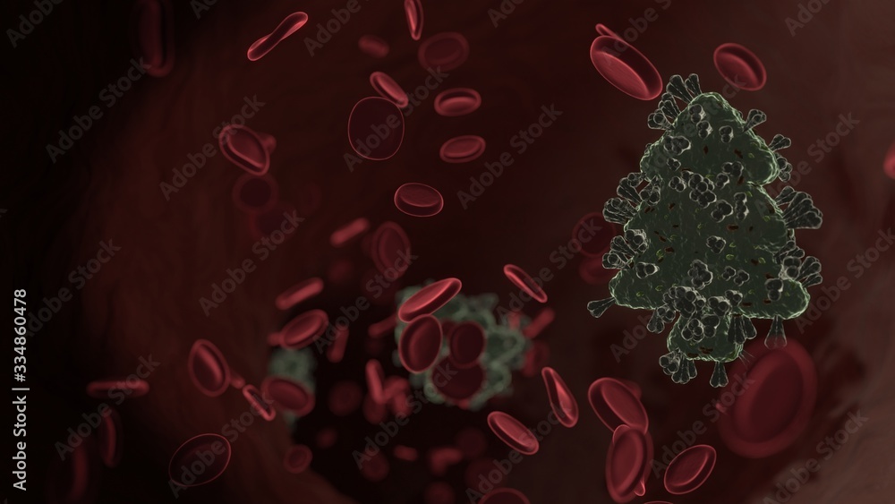 Poster microscopic 3d rendering view of virus shaped as symbol of tree inside vein with red blood cells