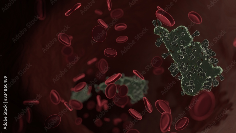 Poster microscopic 3d rendering view of virus shaped as symbol of trolley inside vein with red blood cells