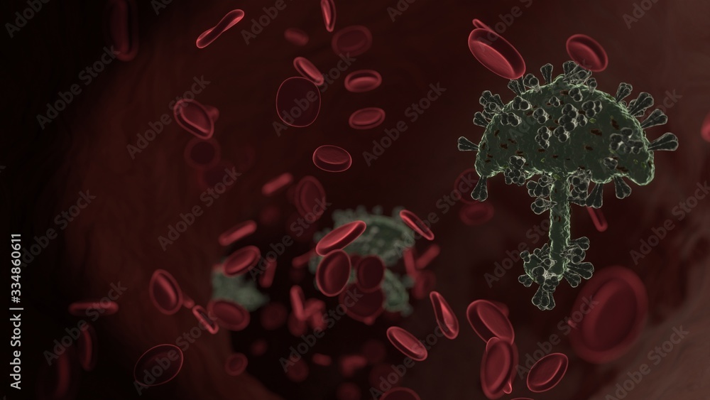Poster microscopic 3d rendering view of virus shaped as symbol of umbrella09 inside vein with red blood cel