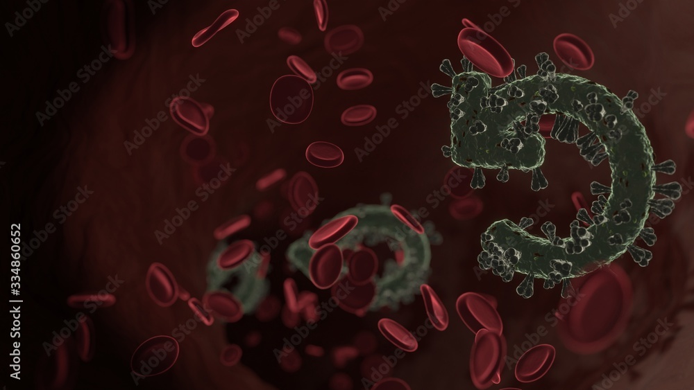 Poster microscopic 3d rendering view of virus shaped as symbol of undo inside vein with red blood cells