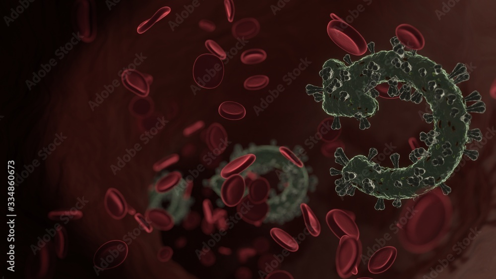 Poster microscopic 3d rendering view of virus shaped as symbol of undo alt inside vein with red blood cells