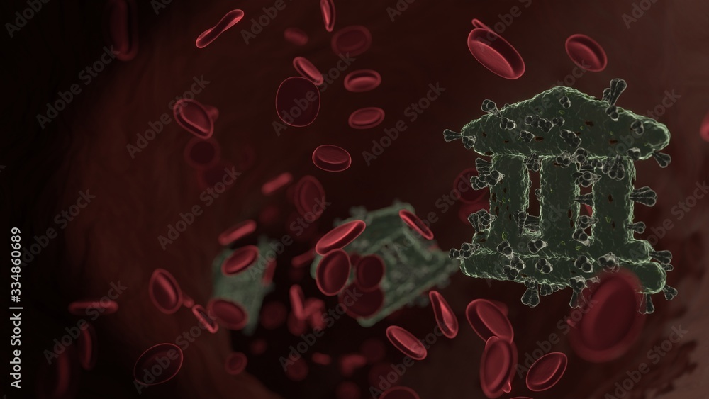 Poster microscopic 3d rendering view of virus shaped as symbol of university inside vein with red blood cel