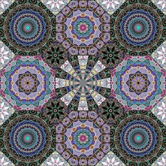 Patchwork seamless pattern in ethnic style. Ceramic tiles with oriental motifs. Luxury ornament mandalas.