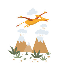 Funny pteranodon flies over volcanoes. Cute dinosaur isolated on a white background. Funny prehistoric animal of the Jurassic period. Colorful cartoon vector illustration in flat style. © KOSIM