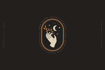 Hand keeps branch with leaves, crescent, stars. Minimal style logo design template. Trendy magic symbol on dark background. Emblem for organic cosmetics and packaging for handmade products.